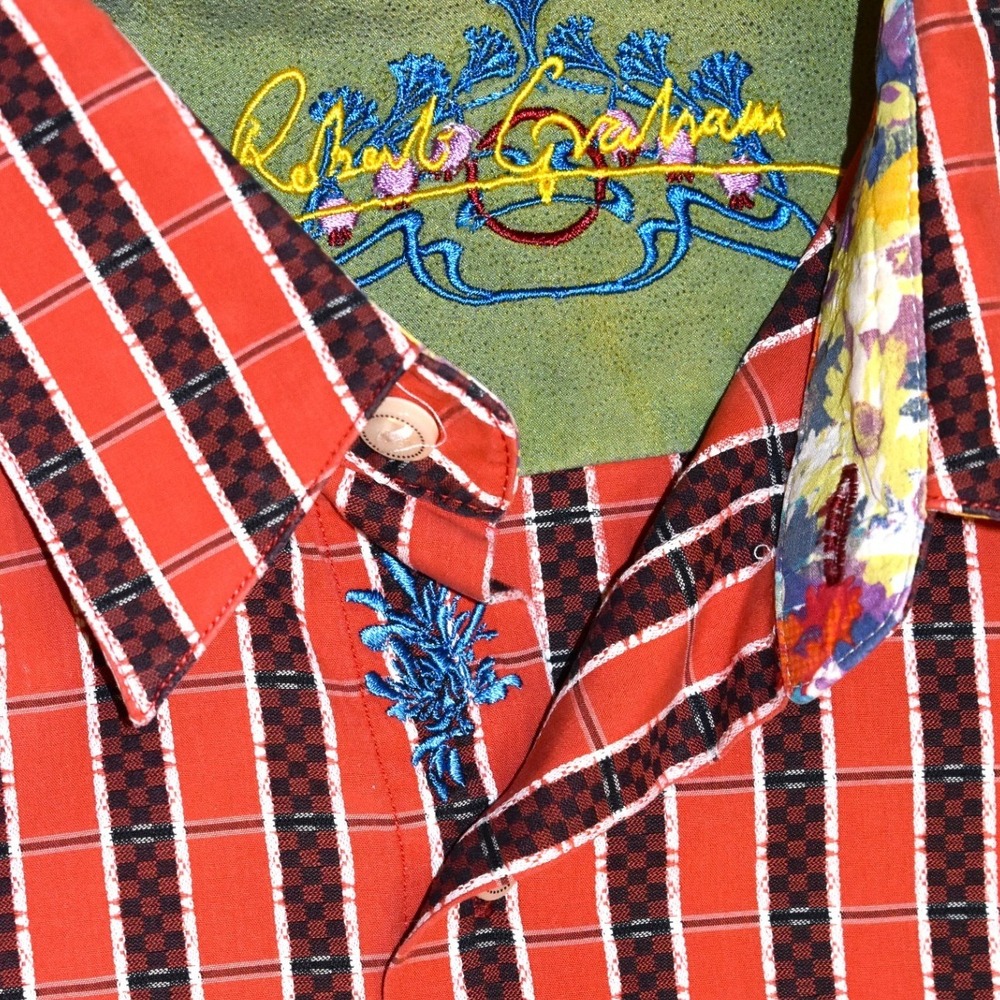 Robert Graham Shirt Mens XL Orange Striped Excellent Floral Back Embroidery - Picture 4 of 6